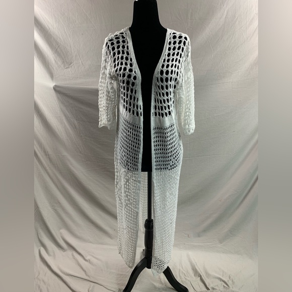 White Long Drop Shoulder Open Knit Bathing Suit Cover Up - Picture 6 of 6